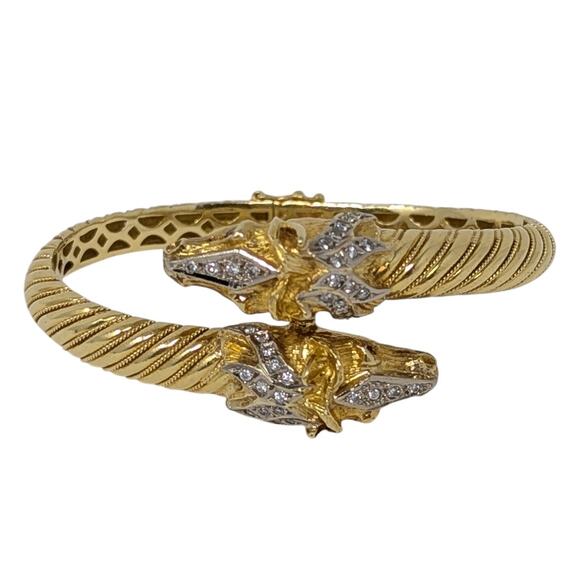 18K Gold Double Horse Head Diamond Ruby Bypass Bangle Bracelet Yellow Gold - Picture 1 of 16